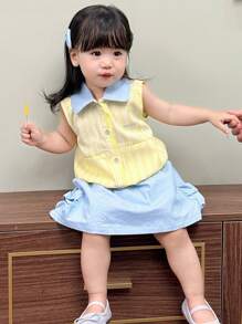 Dazy Kids Conjunto de 2 peças de camisa e saia listradas em cores contrastantes para meninas, estilo coreano - Amarelo - Ver 7