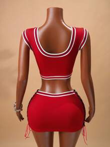 BamGleam Summer Sexy Letter Print Cropped Tank Top & Criss-Cross Strap Mini Skirt Set