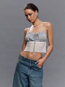 TypaGal 女士休闲时尚夏季蕾丝拼布吊带背心 - 灰色 - 查看 6