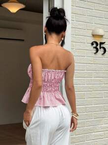 SHEIN SunnyBelle 女士度假休闲条纹系带蝴蝶结短款吊带背心，适合日常穿着，夏季 - 紅色 - 查看 2