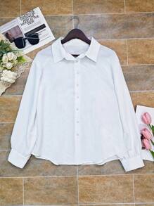 INAWLY Camicia casual monofilamento a maniche lunghe con spalle scivolate e monopetto di colore unito per donna