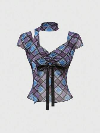 J-Fashion Y2K Style Plaid Bow Decor Sweet Women T-Shirt