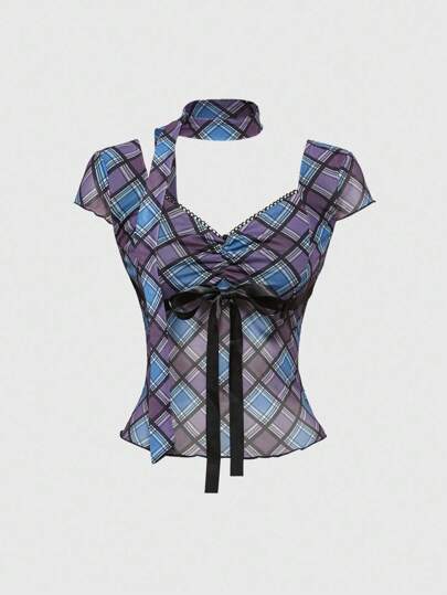 J-Fashion Y2K Stil Kariertes Schleifen Dekor Süßes Damen T-Shirt