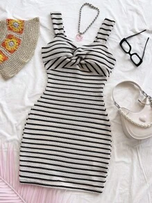 Soleia Casual Vacation Western Beach Wedding Guest Graduation Brunch Dress, Elegant Boho Tropical Striped Twist Mini Dress, Suitable For St. Patrick's Day, Spring Break, Easter, Music Festivals Striped Dress Knit Dress Summer Dress Bodycon Dress Black And White Striped Dress