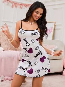 Women's Letter & Heart Print Trim Casual Camisole Nightgown Night Dress Sleepwear Sleepwear Dress
