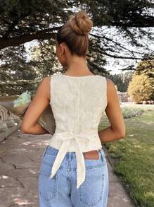 Glamine Chaleco sin mangas de mujer con cuello cuadrado, textura de jacquard, color albaricoque, de corte elegante y temperamento francés, ideal para uso casual de oficina y trabajo - Beis - Ver 2
