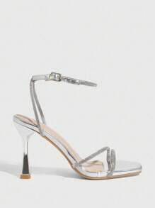 CUCCOO SZL Rhinestone Embellished Square Toe High Heel Sandals, Stylish For Commute, Date, And Party For Christmas - Silver - View 8