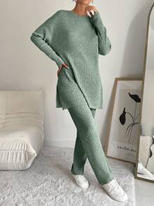 EURMUSE 100%Cotton Drop Shoulder Split Hem Tee & Pants - Mint Green - View 6