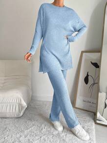 EURMUSE 100%Cotton Drop Shoulder Split Hem Tee & Pants - Baby Blue - View 7