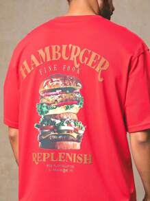 Manfinity RebelGame Men's Casual Loose Hamburger & Letter Graphic T-Shirt, Summer Men Graphic Tees Red Hamburger Graphic Tee Hot Dog Shirt Men Slogan Graphic Tee Food Graphic Tee Men Graphic Tees Red Streetwear Graphic Tee Burger Shirt - Red - View 1