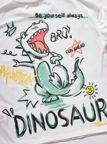 SHEIN Boy's Casual Simple Cartoon Dinosaur Print Short Sleeve Crew Neck T-Shirt, Suitable For Summer, Made Of Cotton - White - View 4