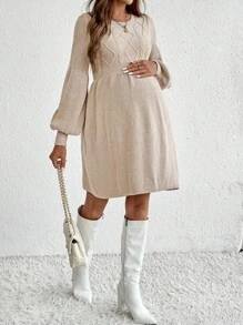 SHEIN 秋装，秋季服装，孕妇装秋季服装孕妇装孕妇休闲纯色灯笼袖收腰针织毛衣连衣裙，秋冬