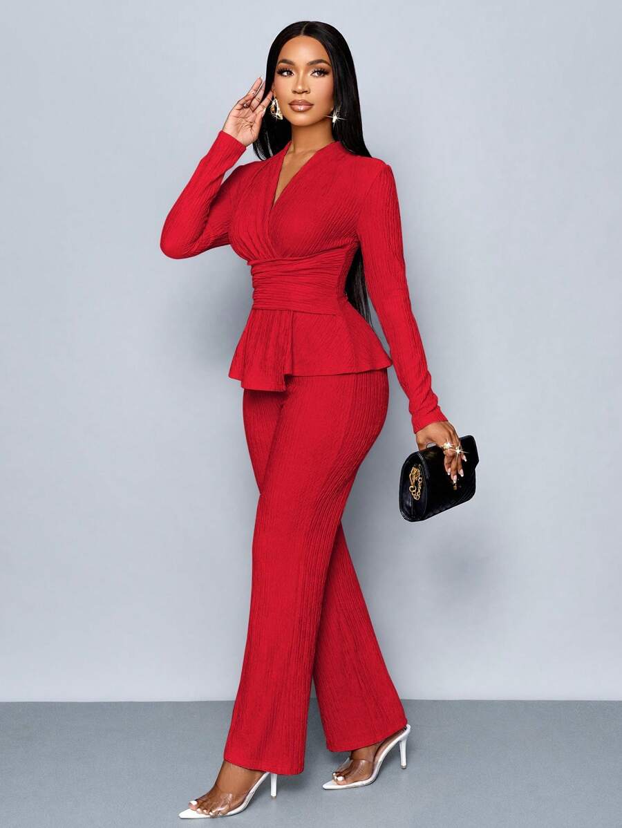 SOLERSUN 女士杏色优雅 V 领长袖 T 恤和阔腿裤两件套，不对称下摆两件套服装，休闲日常穿着，女士冬装 - 紅色 - 查看 1