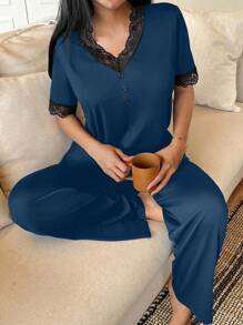 SHEIN Women's Lace Trim V-Neck Short Sleeve Casual Comfortable Pajama Set - Navy Blue - View 1