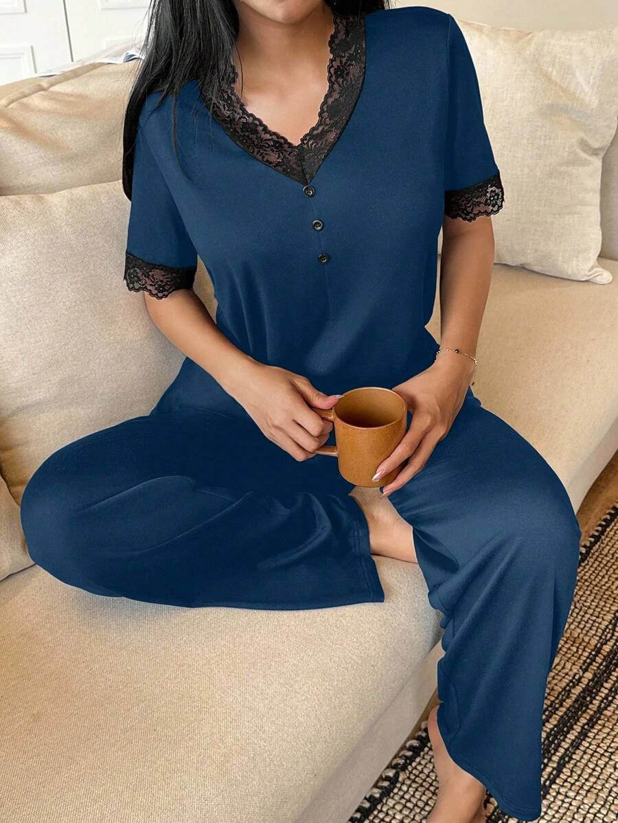 SHEIN Women's Lace Trim V-Neck Short Sleeve Casual Comfortable Pajama Set - Navy Blue - View 1