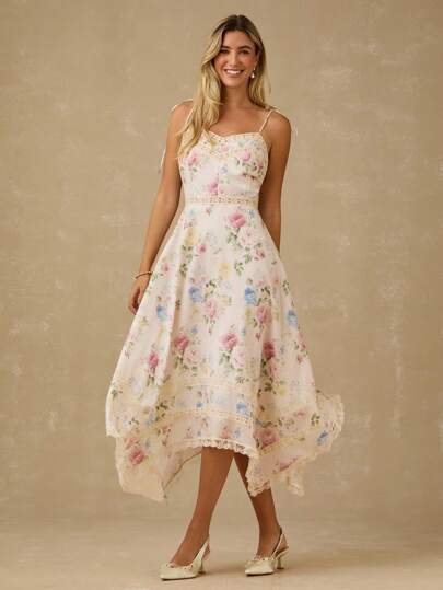 Enchnt Spring/Summer Romantic Women's Apricot Colorful Floral Printed Embroidered Lace Asymmetrical Hem Tie-Shoulder Maxi Dress,Sweet&Elegant For Vacation&Date&Holiday&Party&Graduation&Wedding Guest&Beach&Boho Chic,Summer Dresses For Women,Sun Dresses For Women,Summer Clothes, ,Elegant Dresses For Party