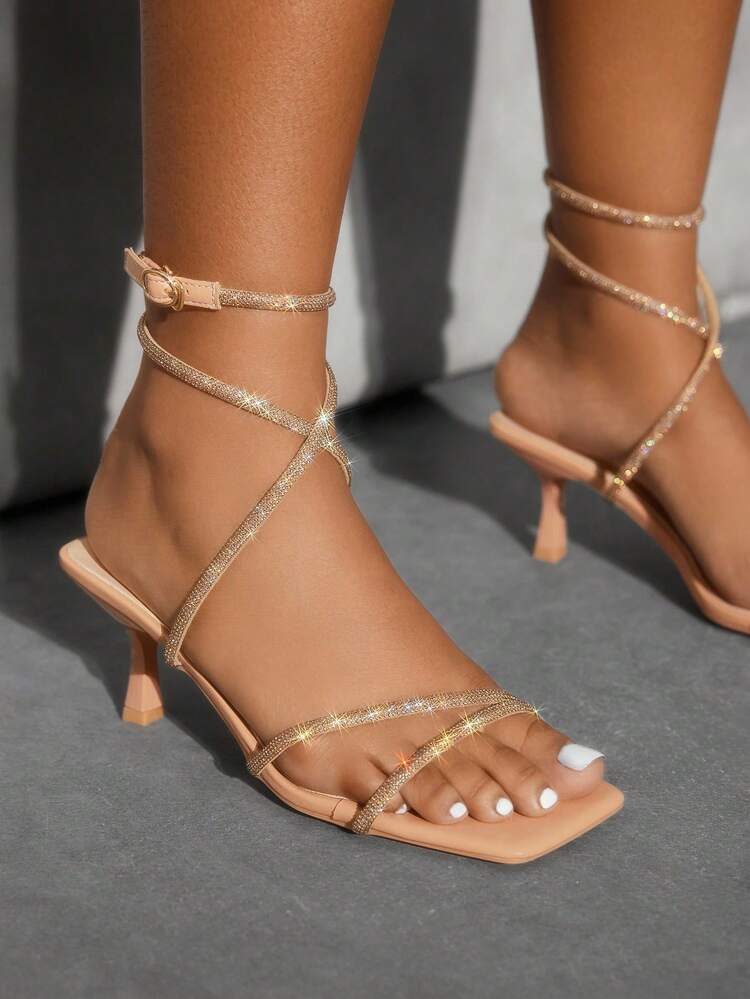 CUCCOO SZL Fashion Pink-Brown Rhinestone Thin Strap Ankle Wrap Square Toe Slim High Heel Sandals, Fit For Commute, Date, Party, Holiday Prom Heels Summer Shoes