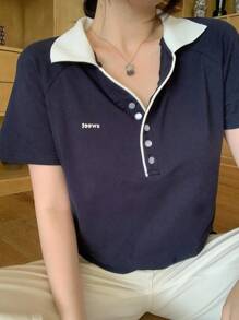 DAZY Women's New Small Collar Colorblock Short Sleeve POLO Shirt - Navy Blue - View 5