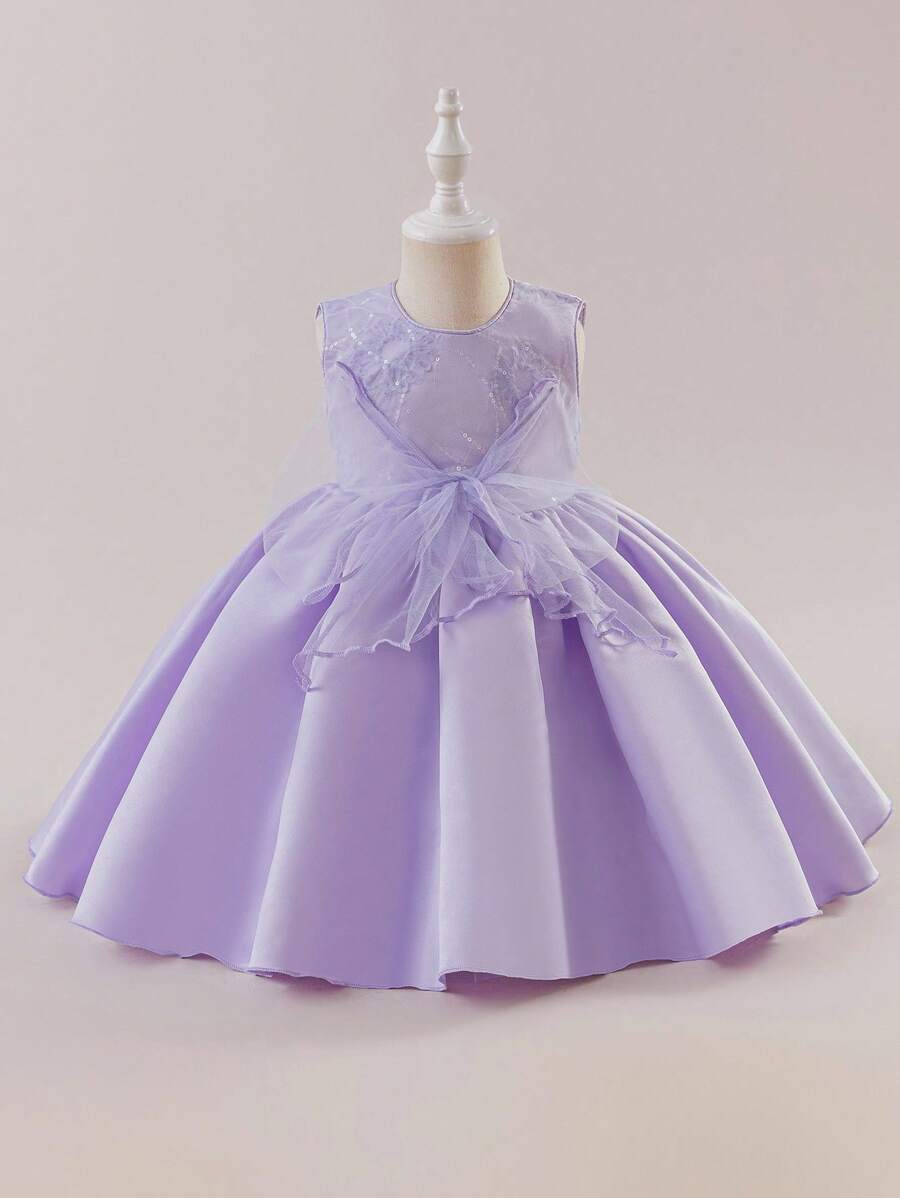 Glamorique Kids Vestido de princesa para bebé niña con escote bordado elegante y lazo, adecuado para ocasiones formales, cumpleaños, bodas, regalos de aniversario. Vestido de bebé niña color lila lavanda, vestido de fiesta para bebé niña, vestido elegante morado para bebé niña - Púrpura malva - Ver 1