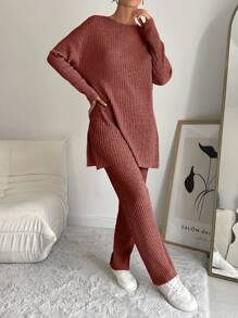 EURMUSE 100%Cotton Drop Shoulder Split Hem Tee & Pants - Dusty Pink - View 6