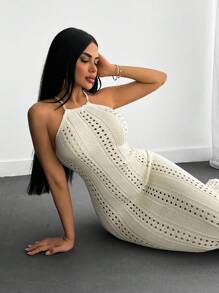 CLARA VERO Vestido midi tipo cubrecuerpo con cuello de halter y diseño hueco, estilo de playa para uso en verano
