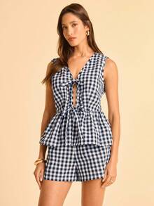 CAJUNI 2 قطعة/مجموعة من لباس علوي والشورتات المربعة بدون أكمام للنساء