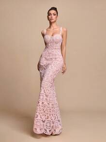 Glamine Women's Lace Fishtail Hem Fitted Fishtail Hem Elegant Spaghetti Strap Party Dress Halloween, Christmas - Pink - View 1