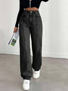 EURMUSE 100%Cotton Solid Color Straight Leg Jeans - Black - View 4