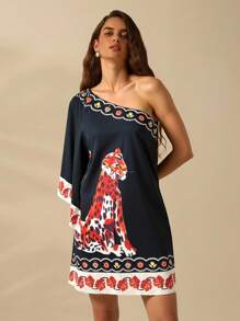 CAJUNI Women's Leopard Print Batwing Sleeve Loose Straight Mini Dress, For Holiday