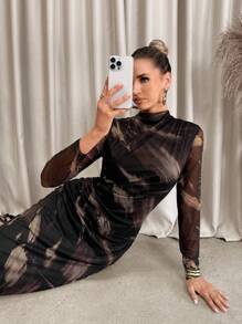Lavishia Black & Coffee Abstract Print Long Sleeve Fitted Dress For Women Turtle Neck Long Sleeve
