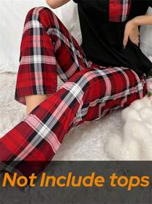 SHEIN Lässige rote karierte gestrickte Pyjamahose für Damen, weiche langärmelige bequeme rote karierte Pyjamahose, Herbst, Winter - Rot - Übersicht 1