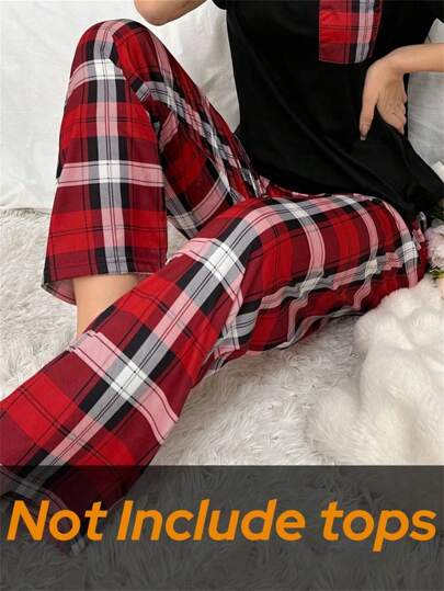 SHEIN 女士休闲红色格子针织睡裤，柔软舒适长款红色格子睡裤，秋冬季
