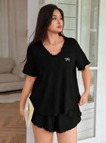 SHEIN Sweet Ruffle Trim Bow Embroidery Casual Sleepwear Pajama Set