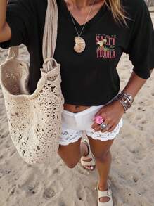 DrmWander 女式 V 领休闲短袖 T 恤，印有鸡尾酒和标语，夏季时尚 - 黑色 - 查看 3