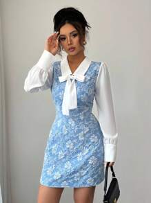 Elenzga Vestido elegante y romántico de 2 en 1 con decoración de lazo y bloques de color para mujer - Azul - Ver 5