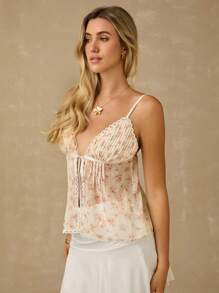 Enchnt Spring/Summer Romantic Women's Apricot Floral Printed Lace Trim Pleated Chest Bowknot Backless Camisole Top,Sweet&Elegant&Fashionable For Vacation&Date&Holiday&Party&Graduation&Wedding Guest,Summer Tops For Women,Summer Clothes