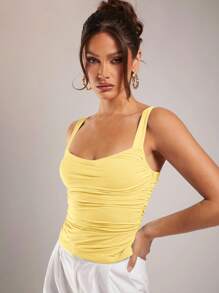 Silquee Tank Top Wanita Kasual Musim Panas Warna Polos dengan Detail Kerut, Tank Top Kuning Wanita, Tank Top Kerut Kuning, Tank Top Pas Badan Kuning Wanita - Kuning - View 3