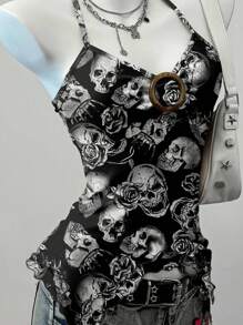 Attitoon 女式休闲复古褶饰胸围圆形装饰不对称下摆紧身吊带背心，适合夏季，复古，骷髅印花，Y2K 风格 - 彩色 - 查看 4