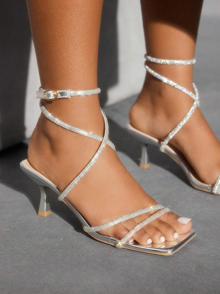 CUCCOO SZL Women's Fashion Silver Rhinestone Strap Wrapped Ankle Strap Square Toe Stiletto Heel Sandals, Suitable For Commuting, Dating, Party, Holiday For Christmas Spring Shoes Prom Heels