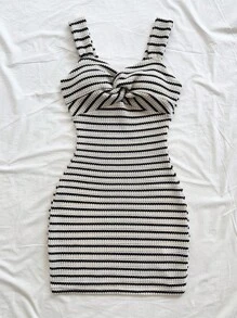 Soleia Casual Vacation Western Beach Wedding Guest Graduation Brunch Dress, Elegant Boho Tropical Striped Twist Mini Dress, Suitable For St. Patrick's Day, Spring Break, Easter, Music Festivals Striped Dress Knit Dress Summer Dress Bodycon Dress Black And White Striped Dress