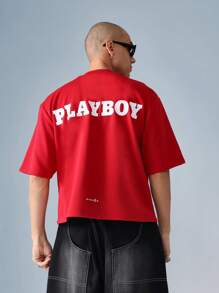 PLAYBOY X SUMWON 带有小标志的图形印花 T 恤经典休闲夏季街头风格超大版型圆领时尚设计宽松短袖 - 紅色 - 查看 3