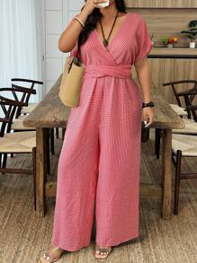 Breezaya Plus Size Casual Checked Batwing Jumpsuit - Red - View 3