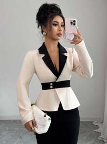 Elenzga Women Elegant Contrast Color Long Sleeve Fitted Collared Shirt, Simple & Refined Office Lady Style, Spring/Summer Fall Cloth For Women - Multicolor - View 3