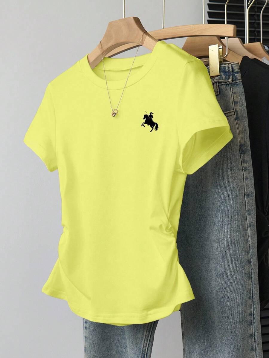 INAWLY Camiseta de manga corta ajustada con estampado de caballo neón verde casual, verano