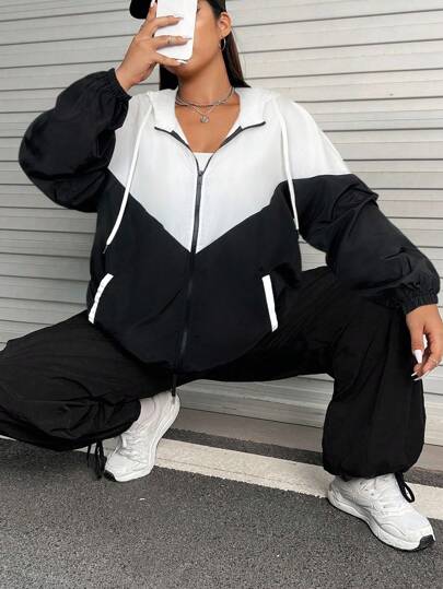 SHEIN EZwear 大码女式撞色拉链抽绳连帽休闲夹克