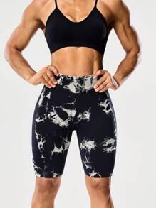 Seamluxe SHEIN Sport سراويل قصيرة للدراجات بخصر عالي منسجمة مطبوعة بنمط صبغة الربط للنساء
