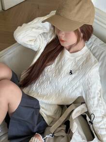 Hapijoa Suéter básico casual y suelto con cuello redondo y patrón bordado para adolescentes, otoño - Blanco - Ver 6