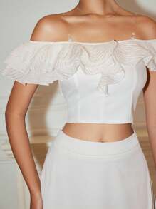 Chiquease Off Shoulder Ruffle Trim, Transparent Strap, Drawstring, Waist, Vacation, Elegant, Romantic, Short Women Top, Spring/Summer All White - White - View 3