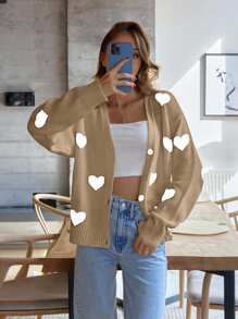 EURMUSE Knitwear Cardigan With Heart Placement,Cardigans For Women,Long Cardigans Woman,Petite Cardigans,Cardigans - Khaki - View 5