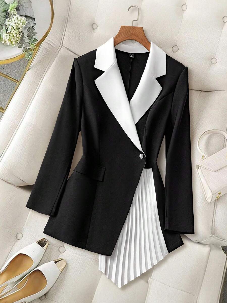 Modelyn Plus Size Elegant Commuting Colorblock Pleated Blazer Jacket In Fall/Winter - Multicolor - View 1